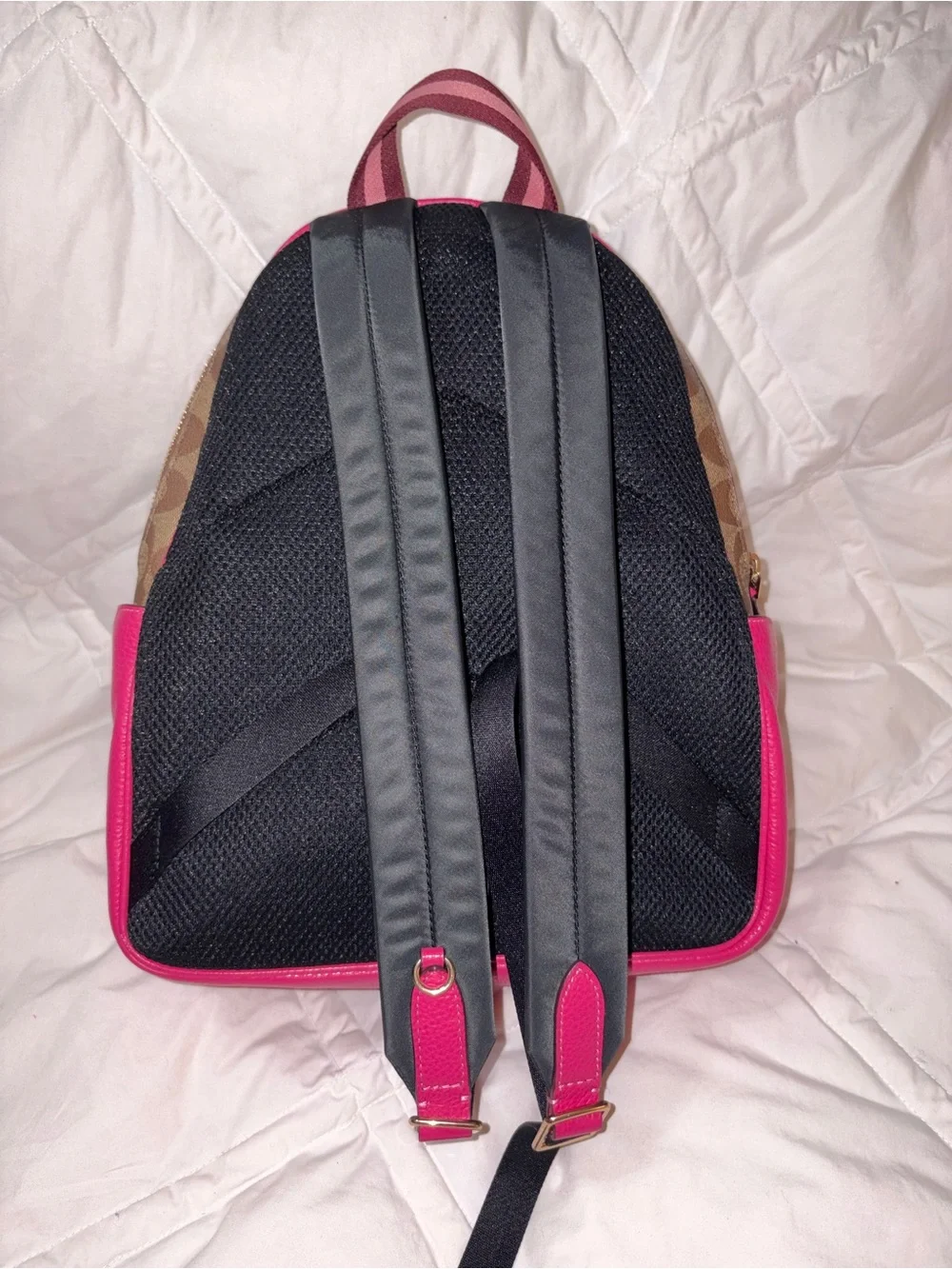 HTF NWOT Coach C8522 Court Medium Signature Leather Khaki Bold Pink Backpack